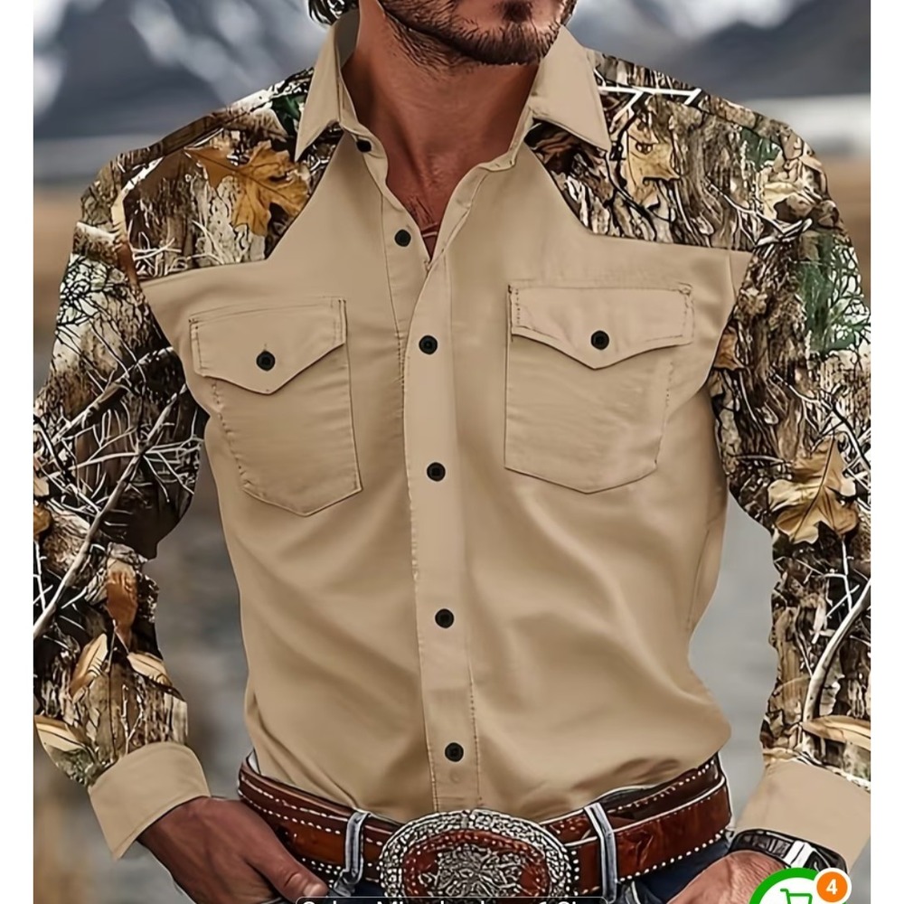 Men's button down tan and camouflage long sleeve shirt 4XL